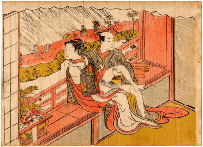 THE SPELL OF AMOROUS LOVE: OCTOBER NIGHT RAIN ON NIHON EMBANKMENT IN THE NEW YOSHIWARA (Suzuki Harunobu)