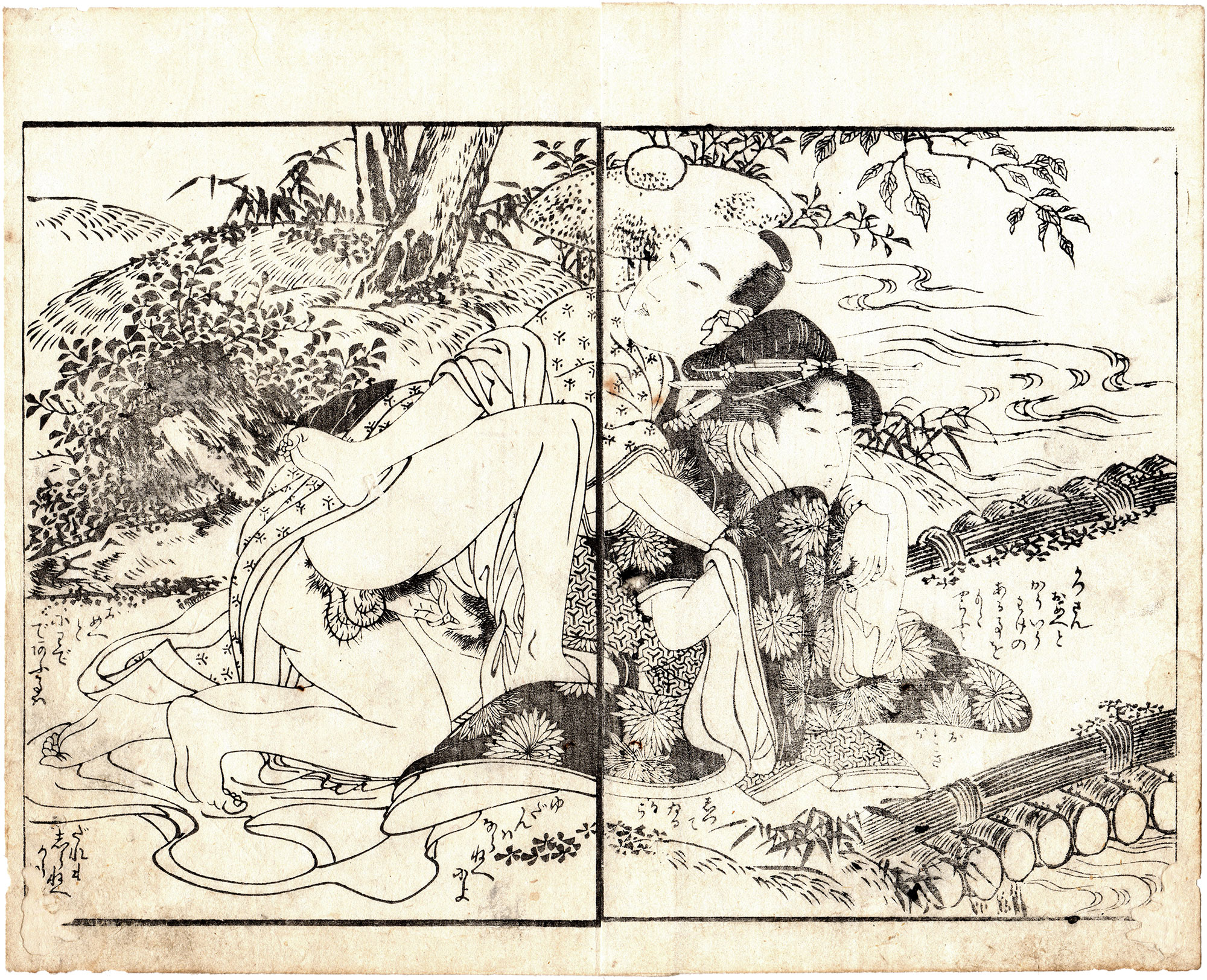 LOVING COUPLE NEAR A GARDEN BRIDGE (Kitagawa Utamaro)