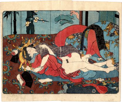 LADY OF PLEASURE AND ADULTERER IN FRONT OF A PINE, BAMBOO AND PLUM FOLDING SCREEN (Utagawa Kunisada)