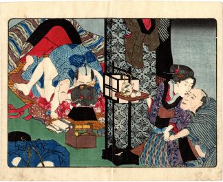 SECRET MEETING OF A YOUNG COUPLE AND INNKEEPER FLIRTING WITH A MAID (Utagawa Kunisada)