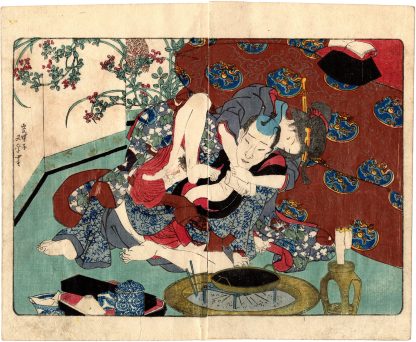 HIKIROKU'S DAUGHTER HAMAJI EMBRACING THE HANDSOME YOUNG DOG-HERO INUZUKA SHINO (Utagawa Kunisada)