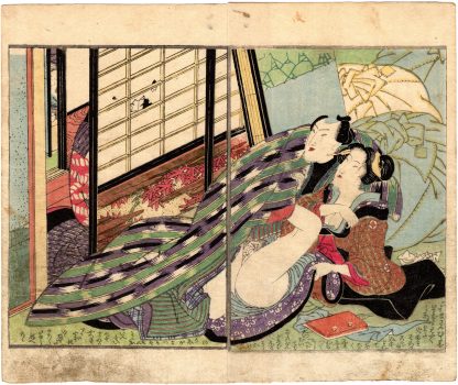 PURPLE WAKA POETRY: PEEKING THROUGH A SLIDING DOOR (Utagawa Kunimori II)