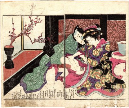 PURPLE WAKA POETRY: FLIRTING COUPLE AND PLUM BRANCH (Utagawa Kunimori II)