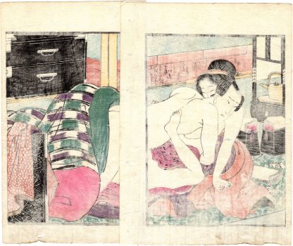 PURPLE WAKA POETRY: INTIMATE COUPLE ON A FUTON (Utagawa Kunimori II)