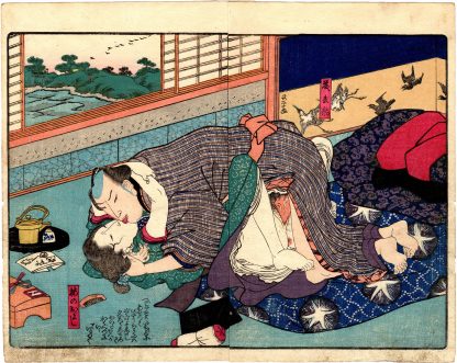 LINGERING PLUM SCENT IN THE SLEEPING CHAMBER: THE HAIRDRESSER UME NO OYOSHI AND THE BANQUET ENTERTAINER TOBEI (Utagawa Kunisada)