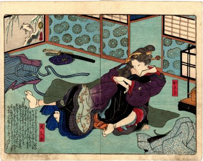 LINGERING PLUM SCENT IN THE SLEEPING CHAMBER: THE HAIRDRESSER OYOSHI EMBRACING THE BANQUET ENTERTAINER TOBEI (Utagawa Kunisada)