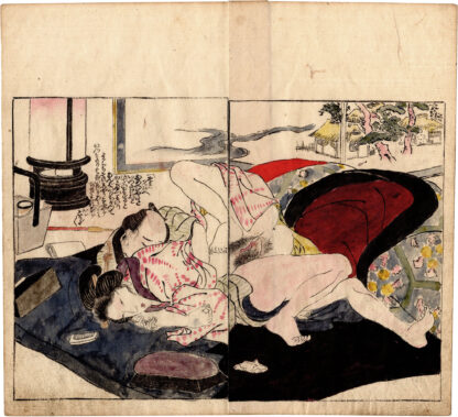 THE LUSTFUL DOORS: LOVERS IN FRONT OF A RURAL LANDSCAPE SCREEN (Utagawa Kunisada)