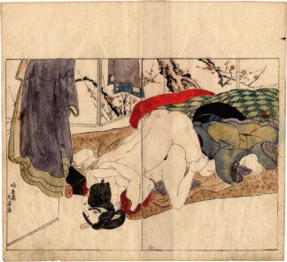 THE LUSTFUL DOORS: AMOROUS COUPLE AND PLUM BLOSSOMS FOLDING SCREEN (Utagawa Kunisada)