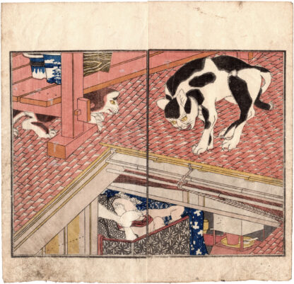 CHARMING NEW YEAR’S DREAM: CATS ON THE ROOF OF A LOVING COUPLE'S BEDROOM (Utagawa Kuninao)