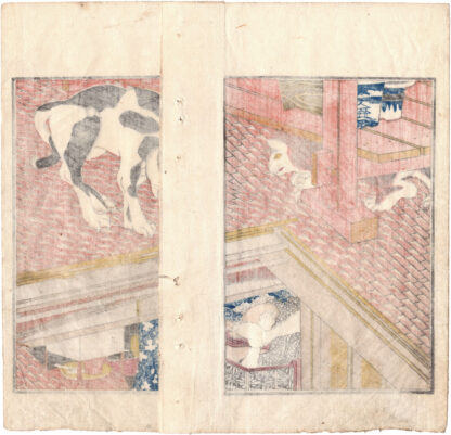CHARMING NEW YEAR’S DREAM: CATS ON THE ROOF OF A LOVING COUPLE'S BEDROOM (Utagawa Kuninao)