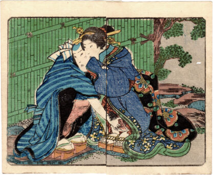 SPRING POEMS: SQUATTING COUPLE EXPOSING THEIR PRIVATE PARTS IN A GARDEN (Utagawa Kunisada)