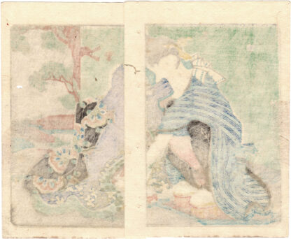 SPRING POEMS: SQUATTING COUPLE EXPOSING THEIR PRIVATE PARTS IN A GARDEN (Utagawa Kunisada)