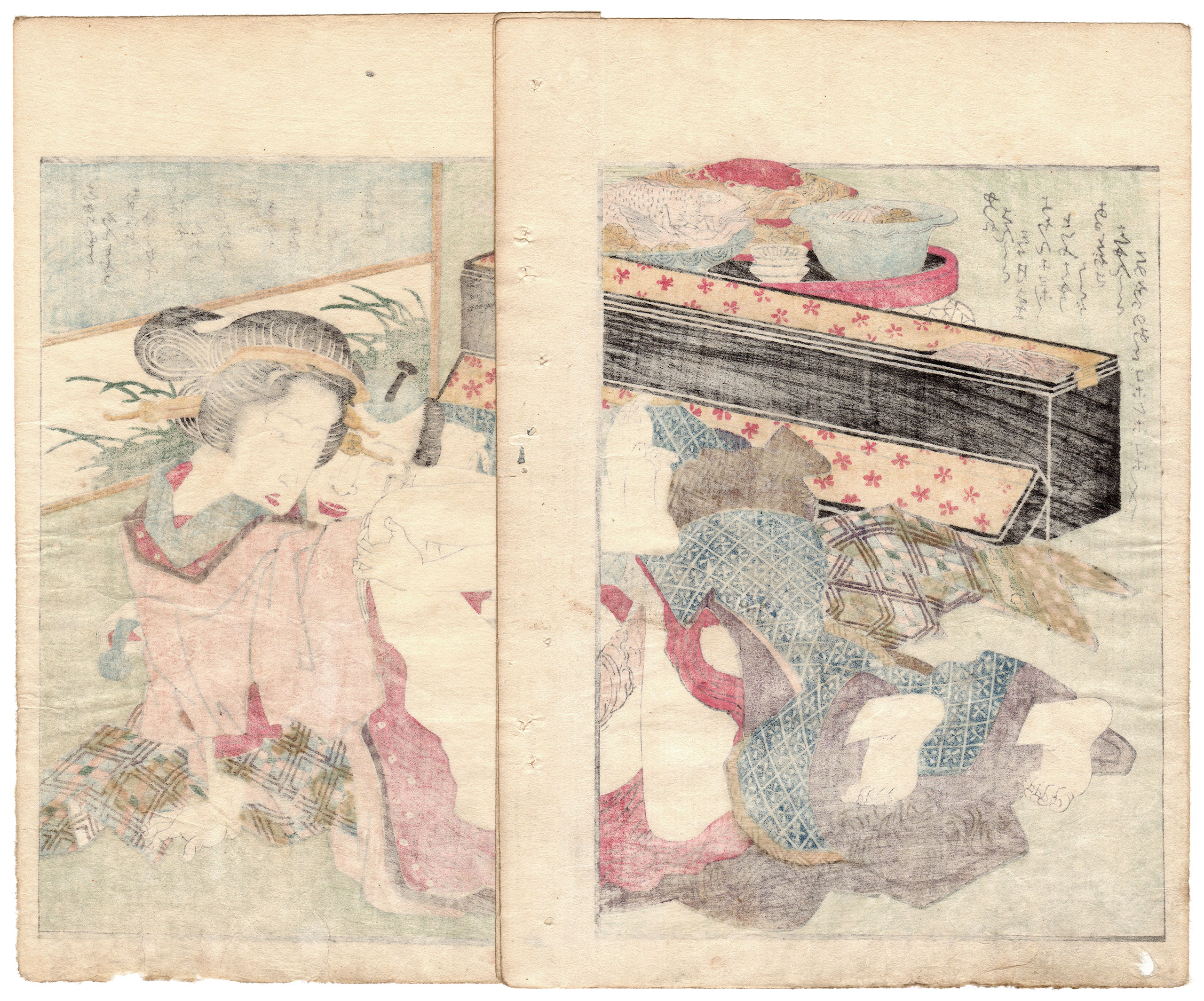 PICTURE BOOK OF SNOW ON FUJI: COUPLE LYING NEXT TO A SHAMISEN CASE (Keisai Eisen)